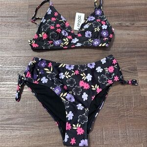 Floral Black High-Waist Bikini Set with Pink & Purple Flowers